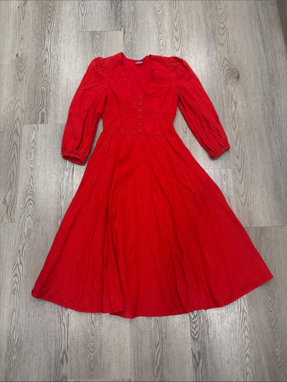 Staud Red Midi Dress with Puff Sleeves